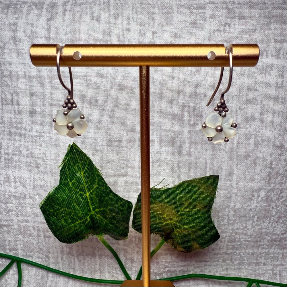 Antique Sterling Silver Floral Drop Earrings with Carved Pearl Petals - Picture 1 of 4